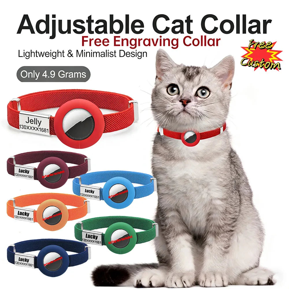 Collar elástico para gato con chapa grabada y funda para localizador, en varios colores